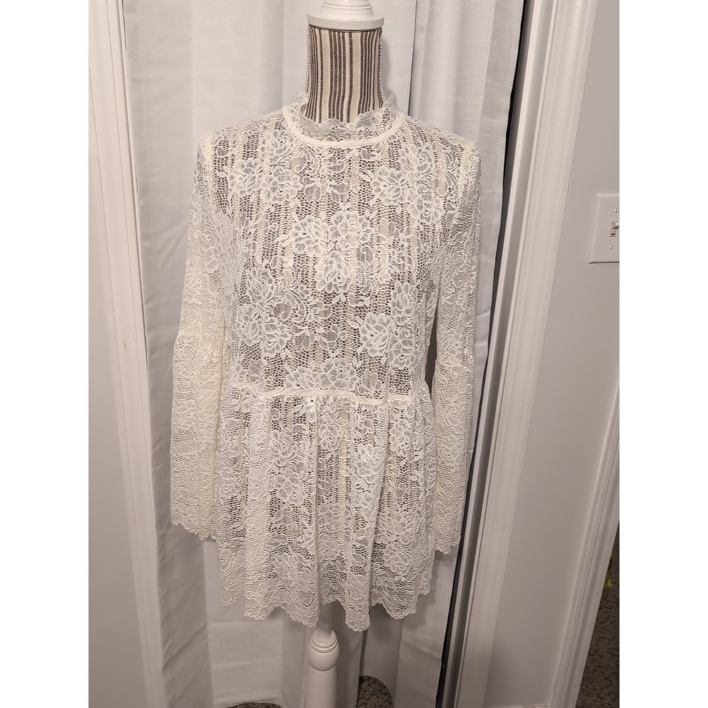 Y2K Ivory Floral Lace Baby Doll Top Mock Neck Bell Sleeves Coquette Whimsy Fairy
